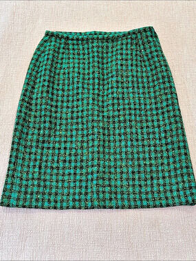 Wool tweed Skirt Waist 29” Green & Black Checkered A-Line pencil skirt